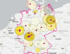 Eine Deutschlandkarte, auf der mit großen kreisen Rechenzentren eingetragen sind